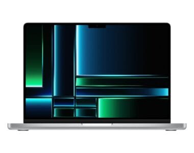 Laptop moderno con sfondo astratto verde e blu