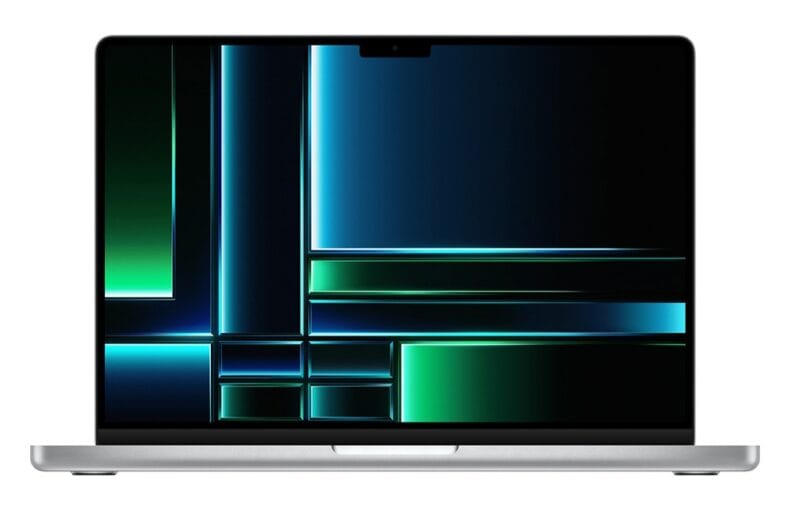 Laptop moderno con sfondo astratto verde e blu