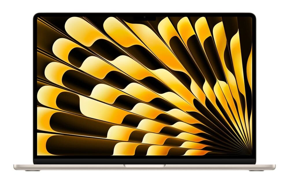 Laptop moderno con sfondo astratto giallo e nero