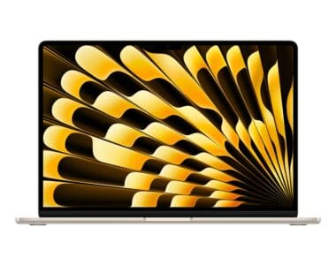 Laptop moderno con sfondo astratto giallo e nero