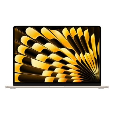 Laptop moderno con sfondo astratto giallo e nero