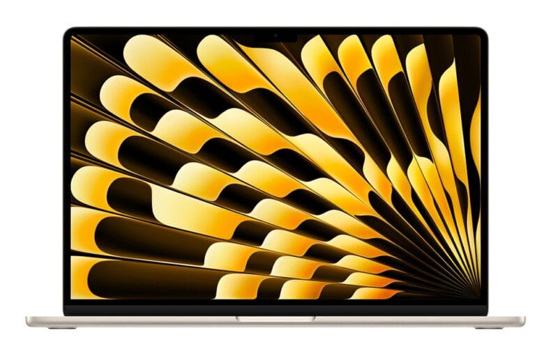 Laptop moderno con sfondo astratto giallo e nero