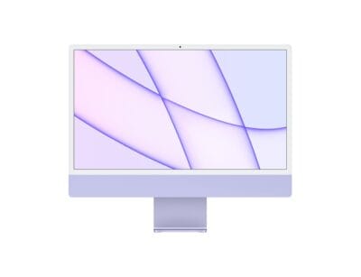 Computer desktop moderno con sfondo astratto viola