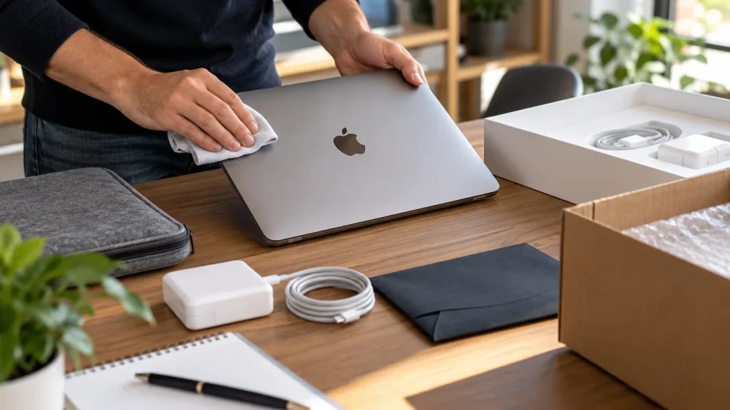 MacBook preparato per la vendita con accessori e imballaggio su un tavolo