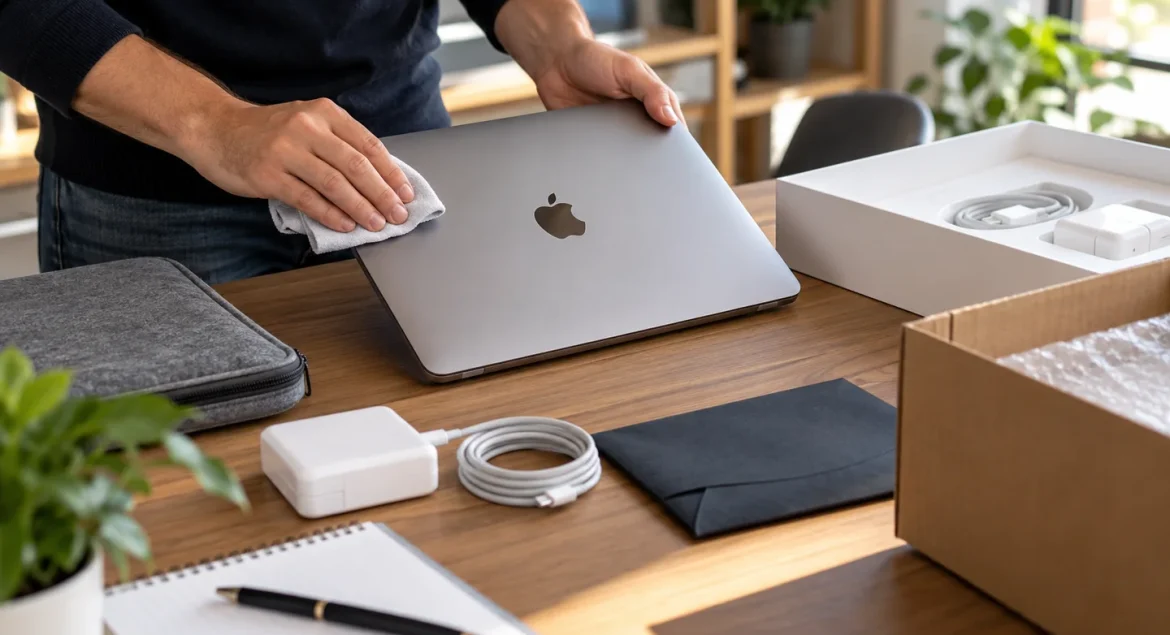 MacBook preparato per la vendita con accessori e imballaggio su un tavolo
