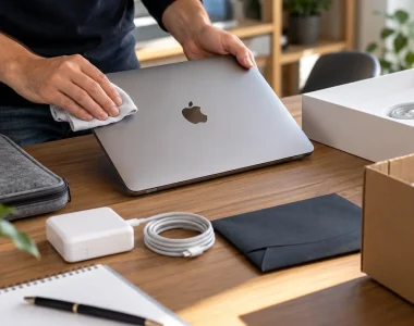 MacBook preparato per la vendita con accessori e imballaggio su un tavolo
