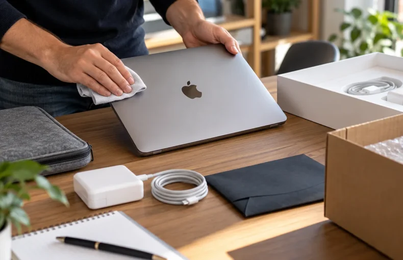 MacBook preparato per la vendita con accessori e imballaggio su un tavolo