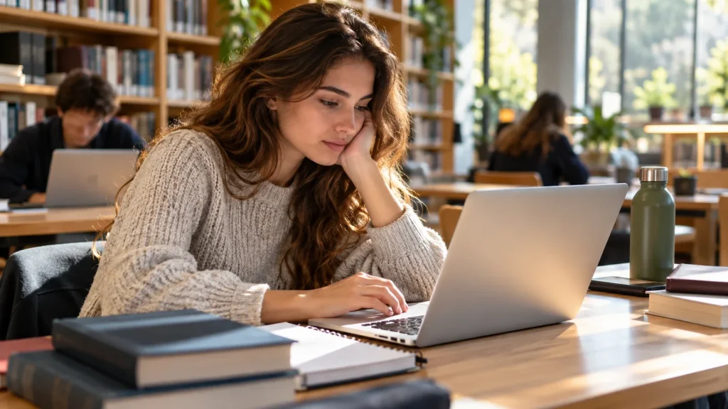 Studentessa universitaria che studia al MacBook in biblioteca