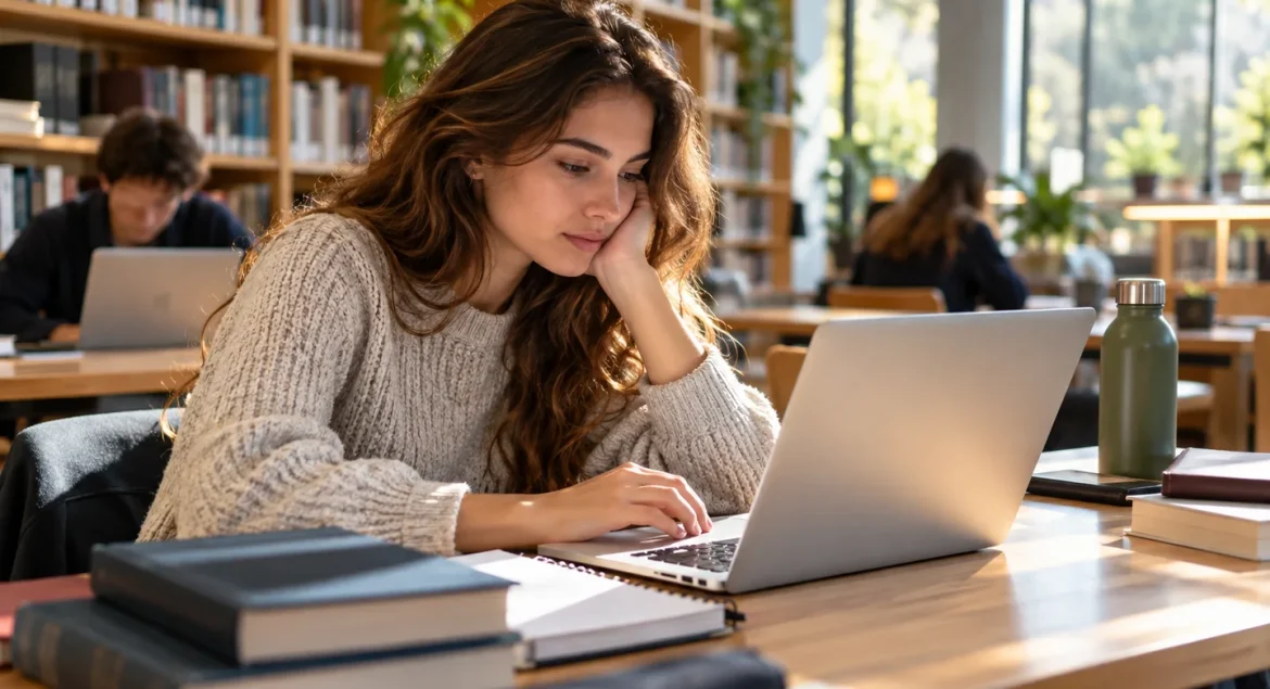 Studentessa universitaria che studia al MacBook in biblioteca