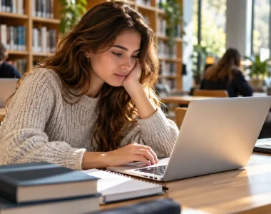 Studentessa universitaria che studia al MacBook in biblioteca