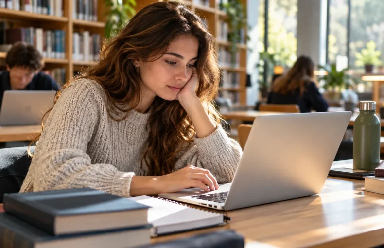 Studentessa universitaria che studia al MacBook in biblioteca
