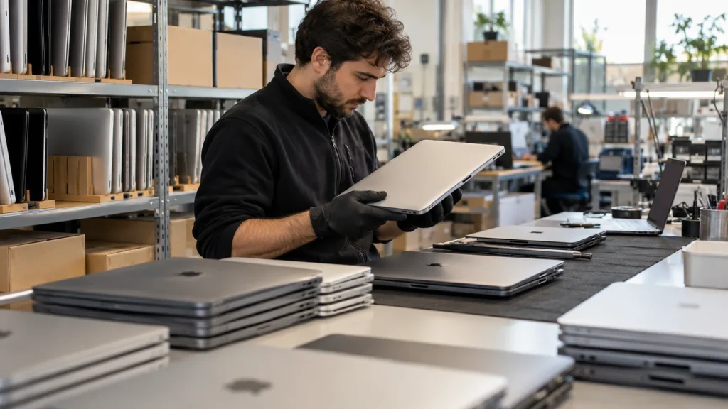 Tecnico in un laboratorio che controlla computer portatili ricondizionati