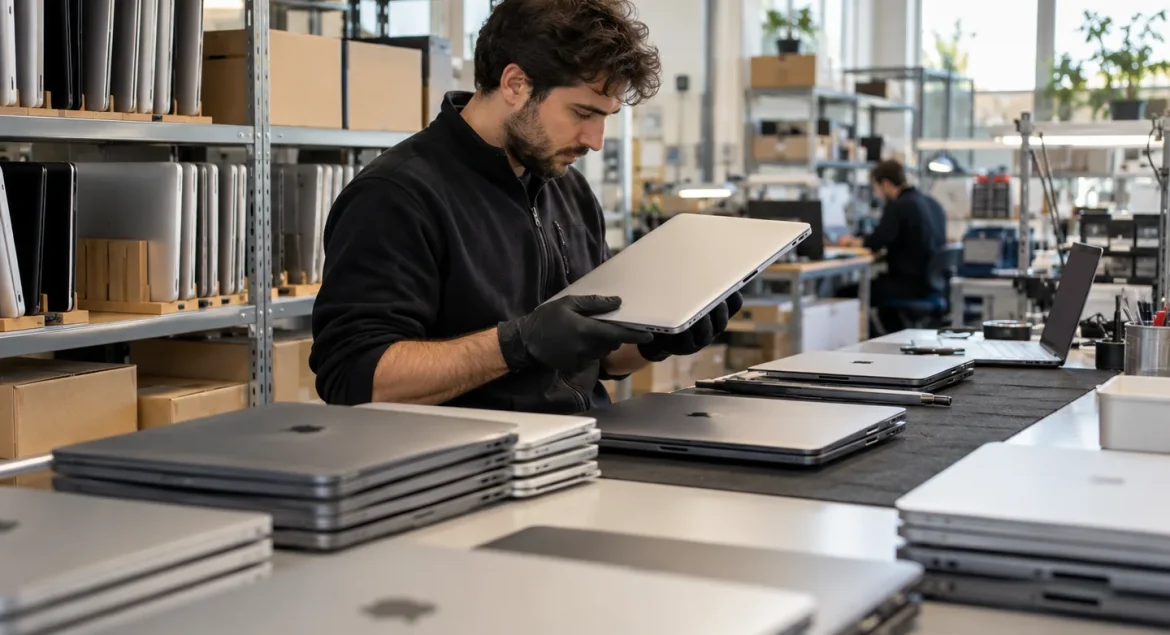 Tecnico in un laboratorio che controlla computer portatili ricondizionati