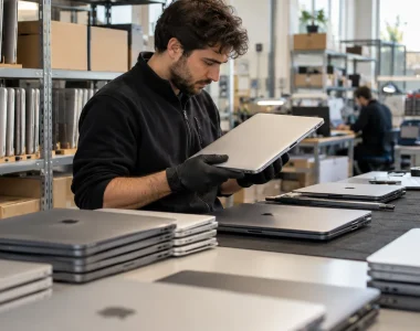 Tecnico in un laboratorio che controlla computer portatili ricondizionati
