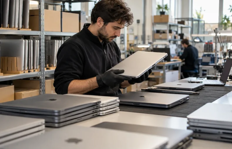 Tecnico in un laboratorio che controlla computer portatili ricondizionati